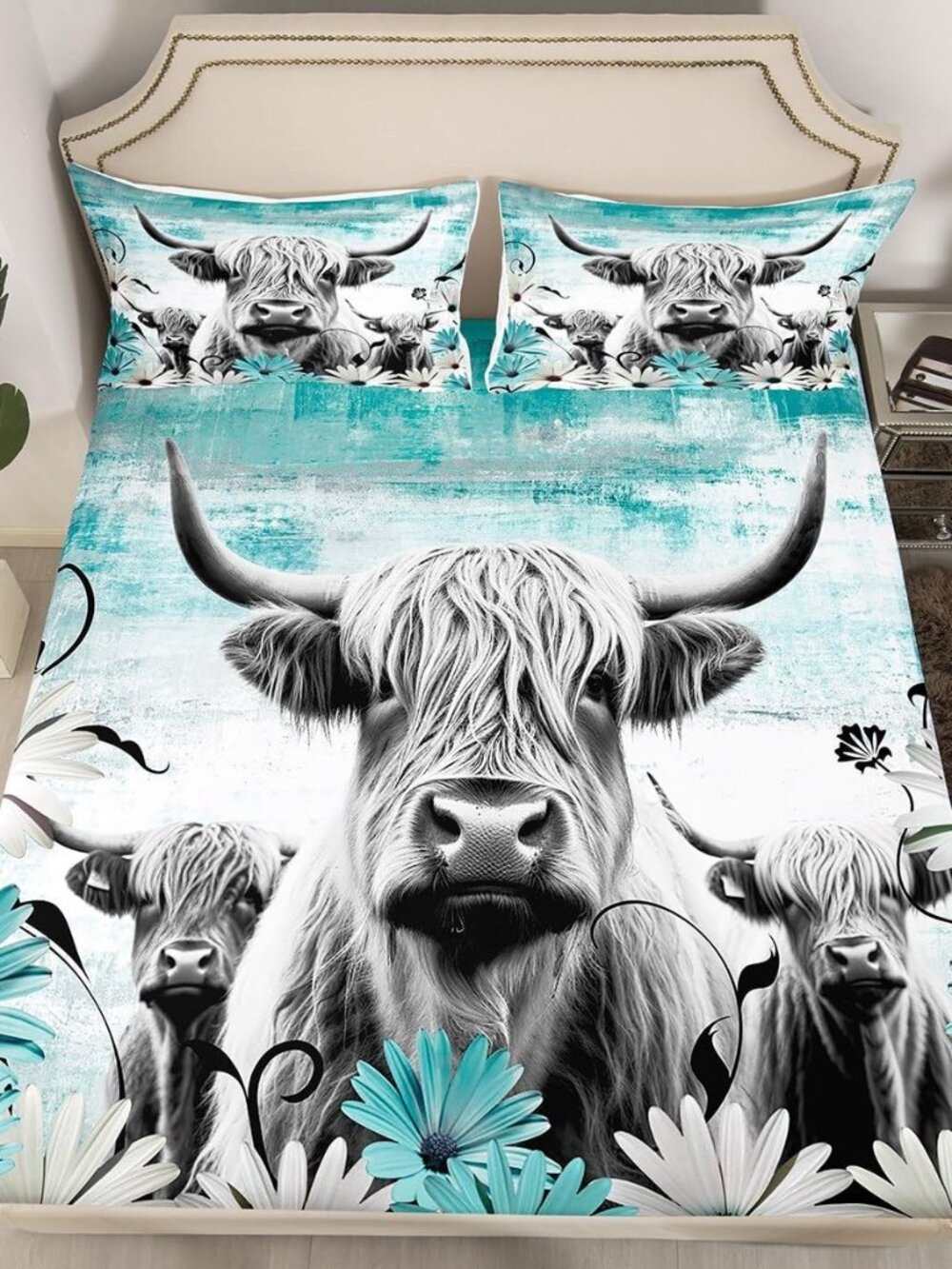 Highland Cow Print Fitted Sheet Twin,Teal Western Farmhouse Bedding Set Rustic
